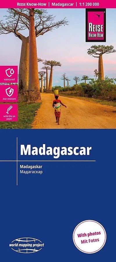 Mappa del Madagascar e isole Comore con spiagge, luoghi panoramici, riserve naturali