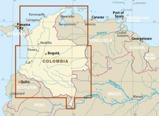 Mappa stradale della Colombia con Bogotà, Ibague, Pasto