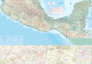 Mappa stradale del Messico con piante del centro città di Città del Messico, Guadalajara,...
