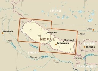 Mappa del Nepal con Kathmandu, Annapurna, Monte Everest
